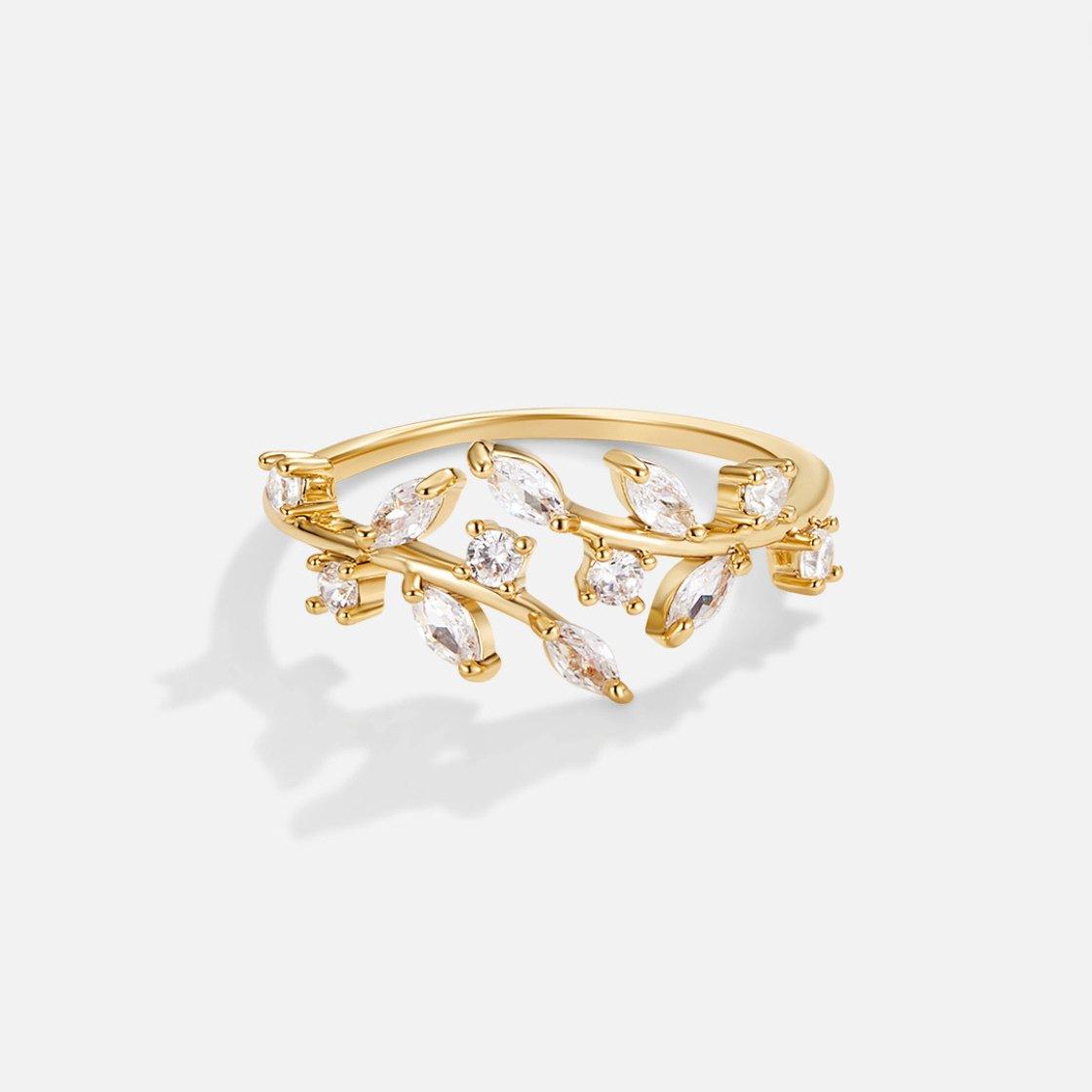 Anel Folha Pedras Ajustável Banhado em Ouro 18k