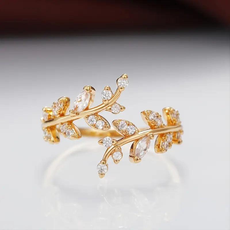 Anel Folha Pedras Ajustável Banhado em Ouro 18k