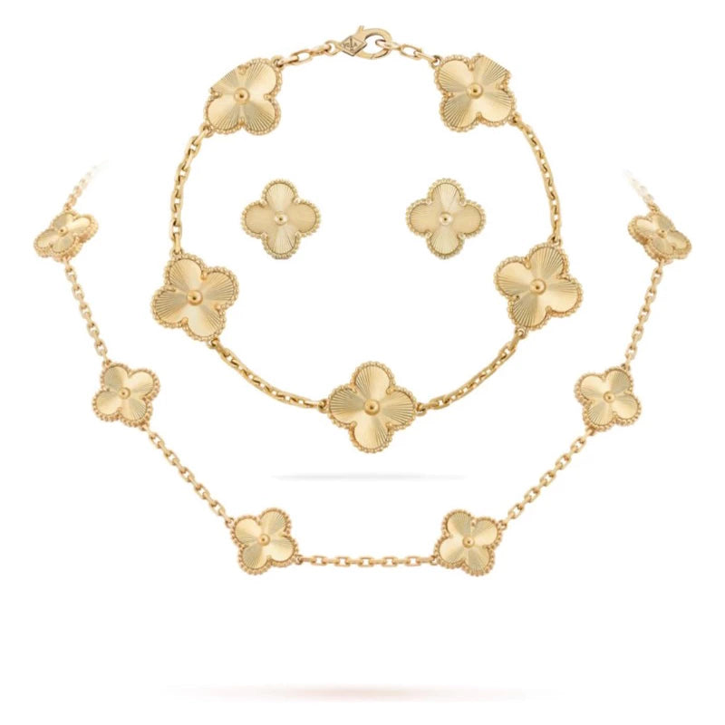 Conjunto Pulseira/Colar/Brinco Inspiração Van Cleef Banhado em Ouro 18k