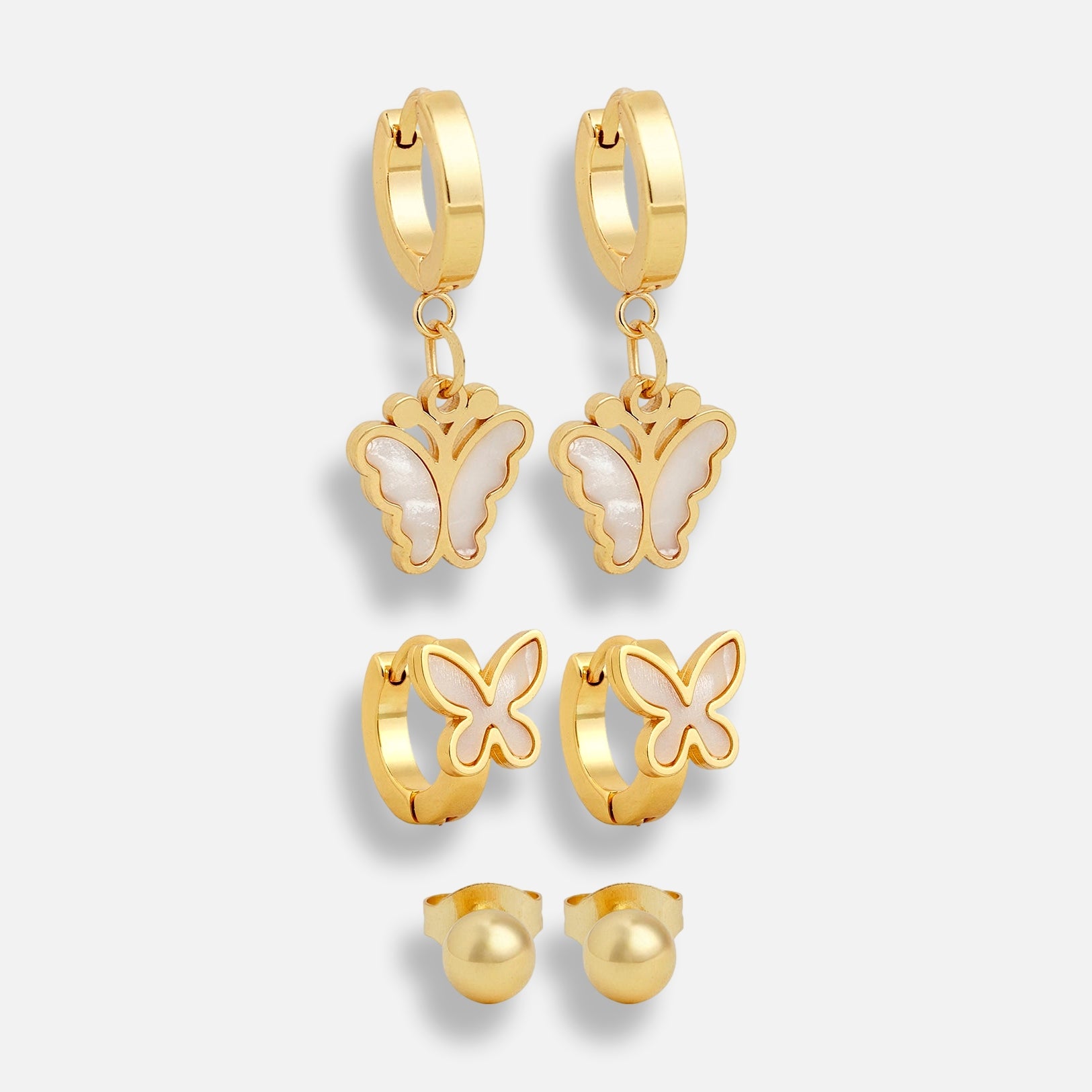 Trio de Brincos Borboletas Banhado em Ouro 18k