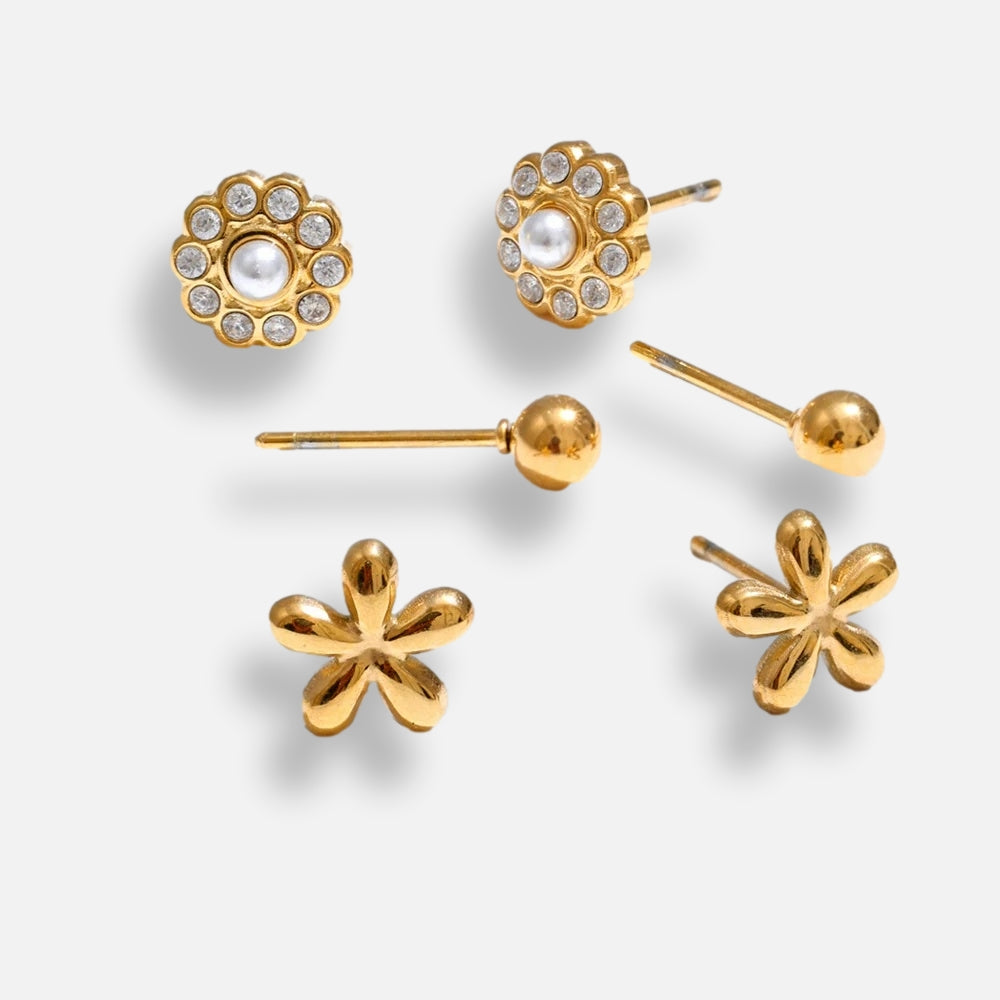 Trio de Brincos Flor Banhado em Ouro 18k