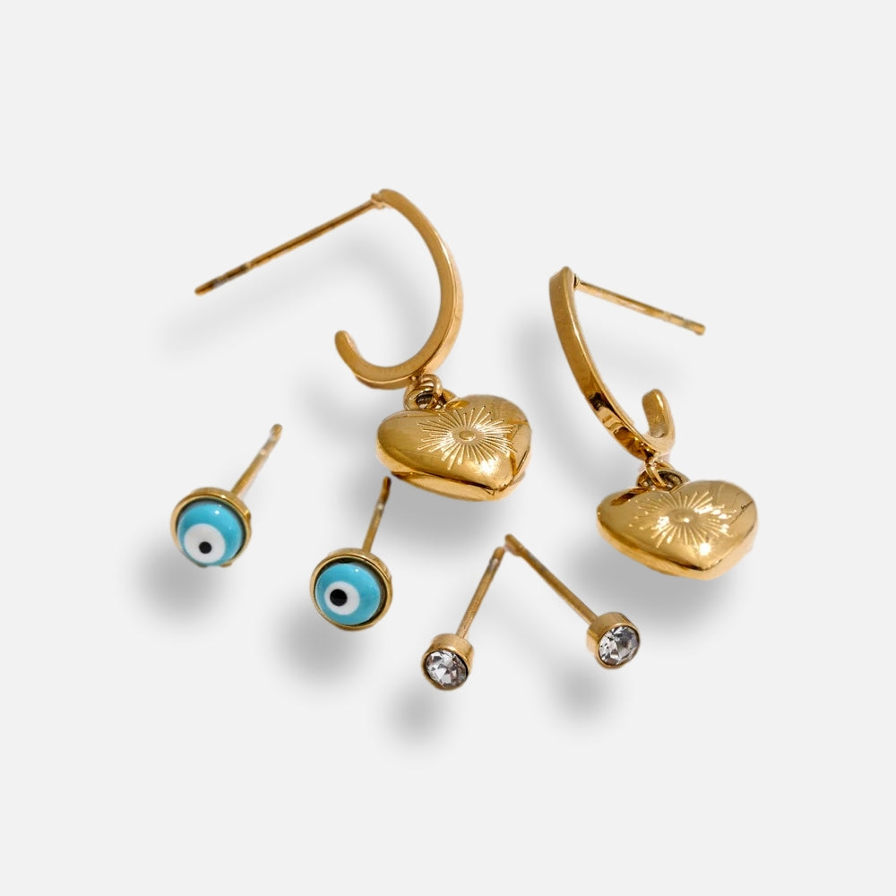 Trio de Brincos Coração Banhado em Ouro 18k