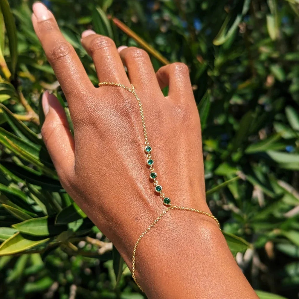 Pulseira de Mão Pedra Verde Banhado em Ouro 18k