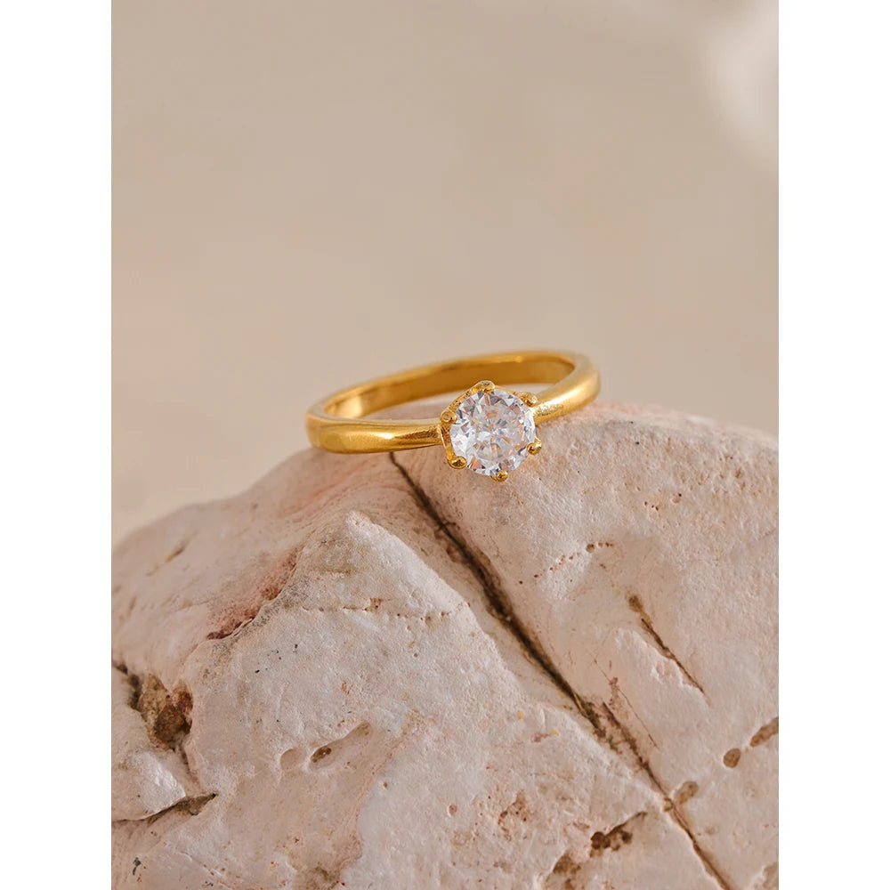 Yhpup AAA Cubic Zirconia Classic Ring High Quality 18k Gold Color Stainless Steel Fashion Charm Jewelry - Auriella Joias