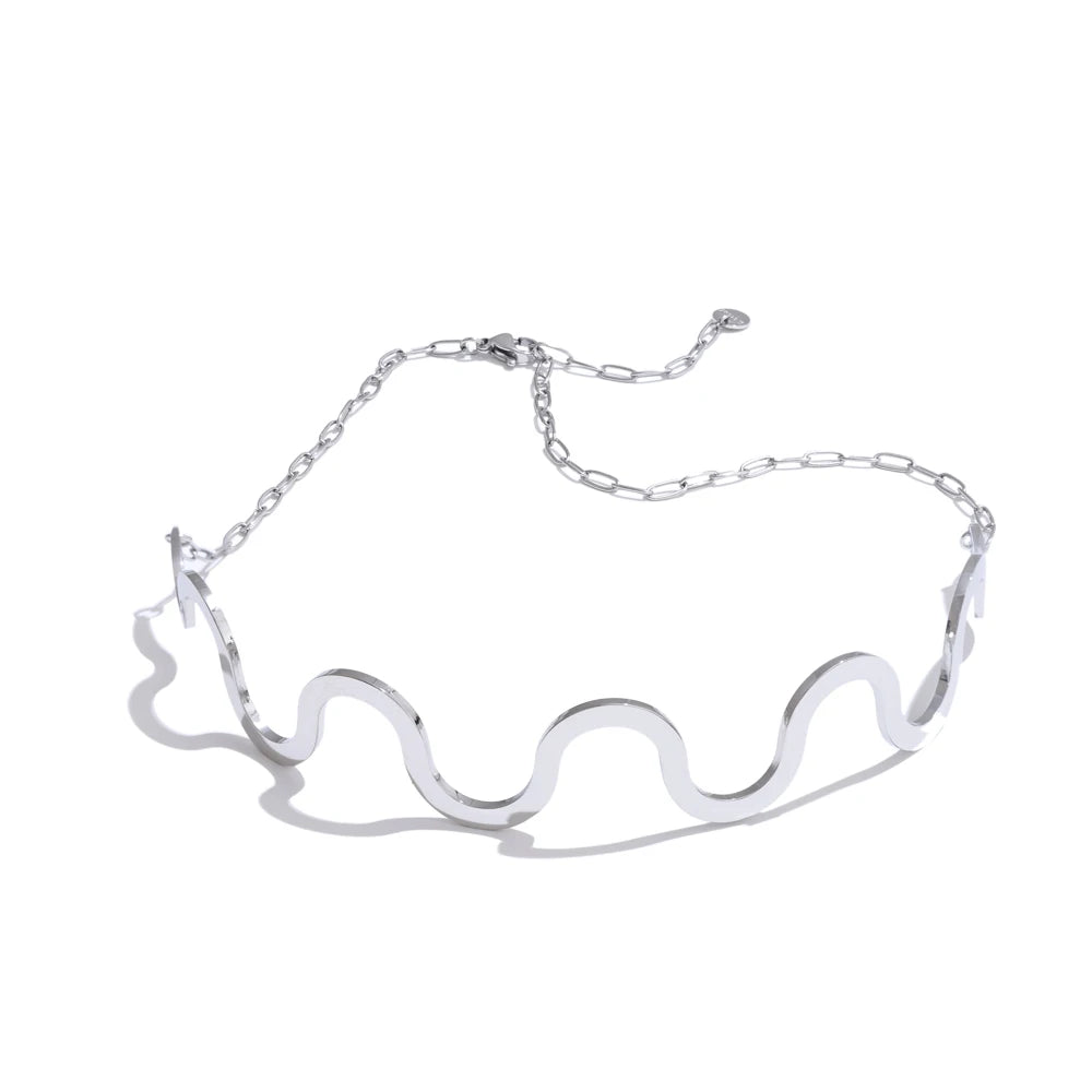 Yhpup Fashion Stainless Steel Wave Choker Necklace 18K Gold Color PVD Plated Popular Metal Distinctive Personality Jewelry - Auriella Joias