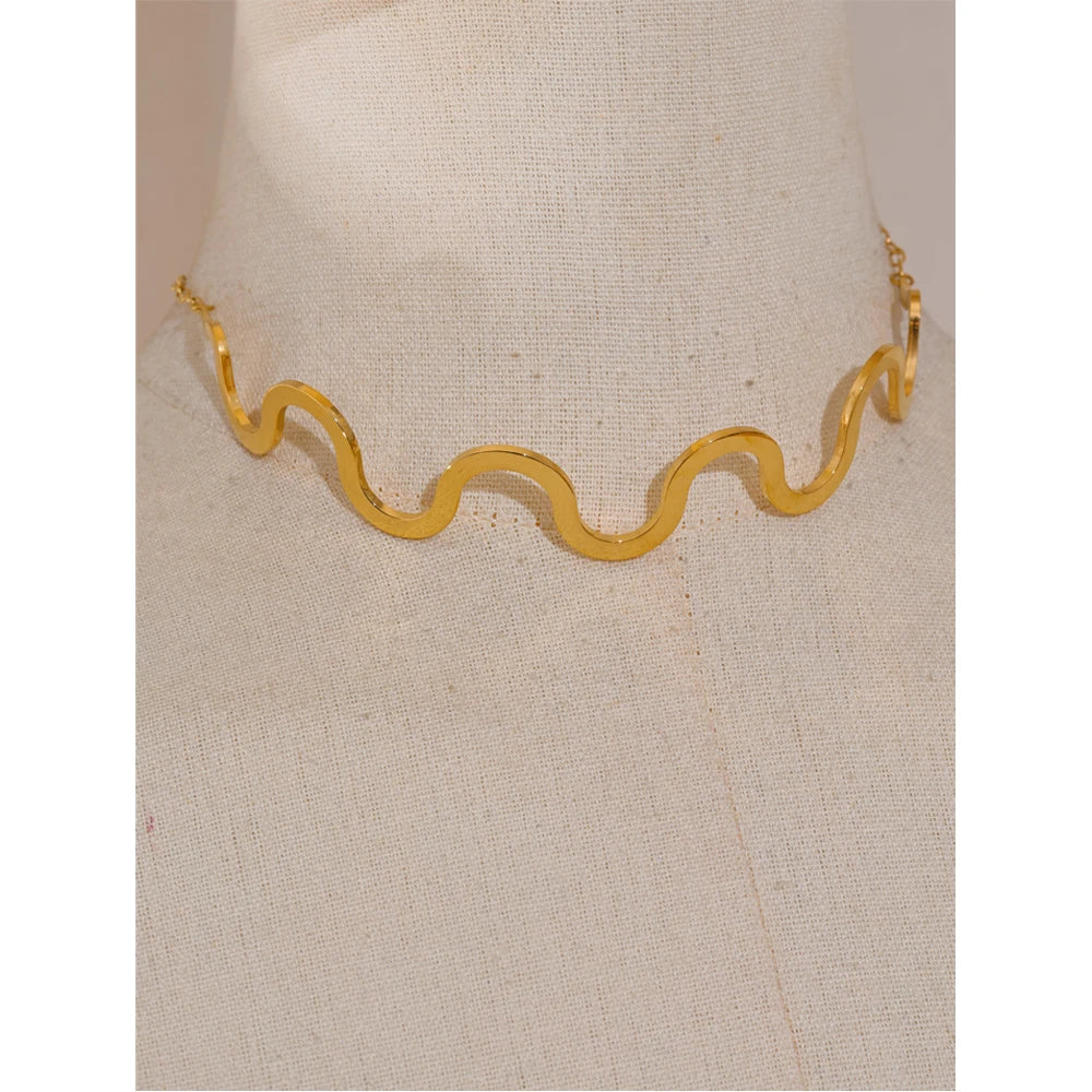 Yhpup Fashion Stainless Steel Wave Choker Necklace 18K Gold Color PVD Plated Popular Metal Distinctive Personality Jewelry - Auriella Joias