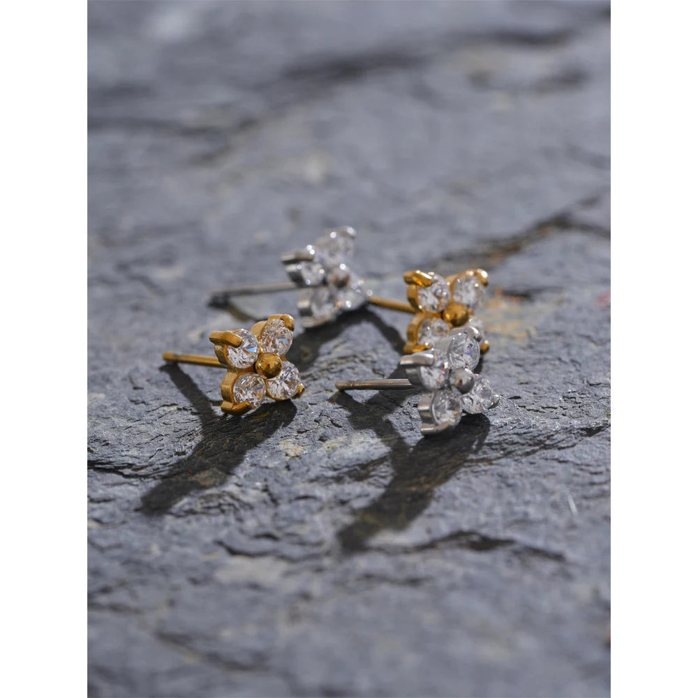 Yhpup Popular Waterproof Shiny Cubic Zirconia Flower Sweet Stud Earrings 316L Stainless Steel Delicate Premium Daily Jewelry - Auriella Joias