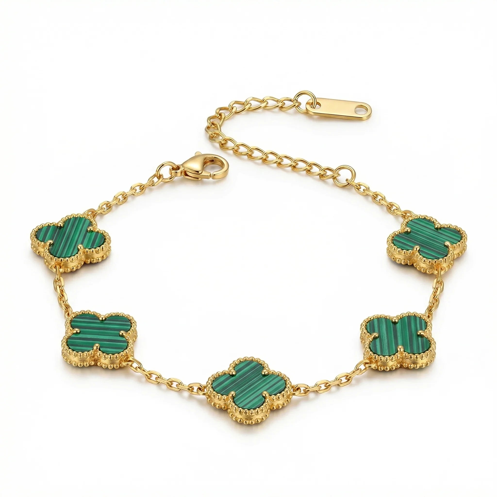 Gold chain bracelet with green clover-shaped charms and lobster clasp on white background