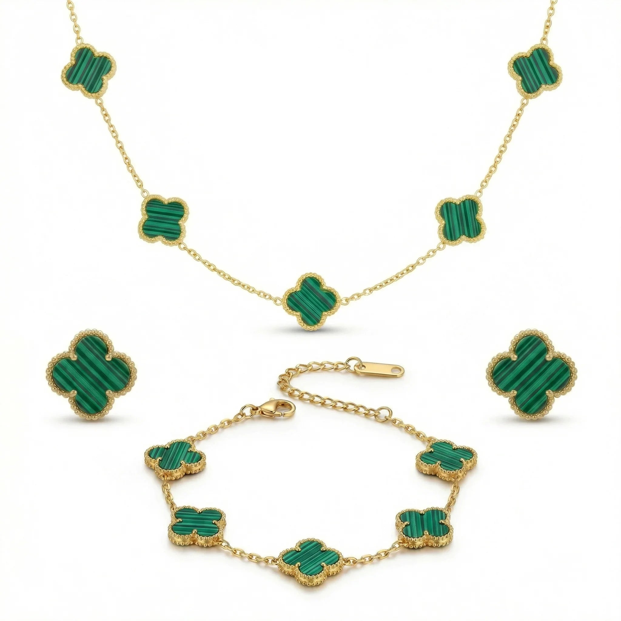 Gold jewelry set with malachite clover pendant necklace, bracelet, and stud earrings